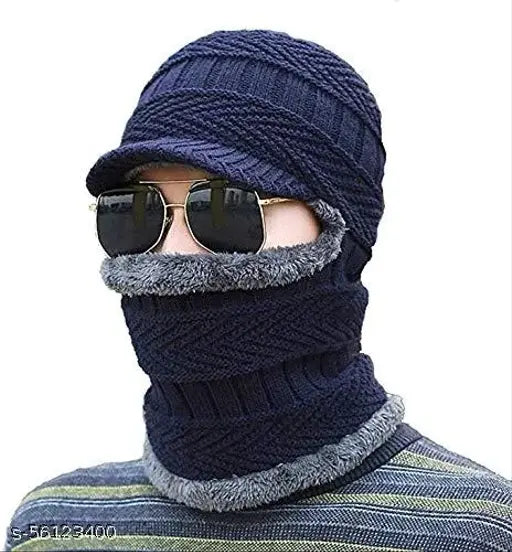 Blue wool beanie cap with criss-cross design, attractive men's universal size, super soft and warm, perfect for winter activities and stylish outfits