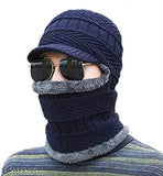 Blue wool beanie cap with criss-cross design, attractive men's universal size, super soft and warm, perfect for winter activities and stylish outfits