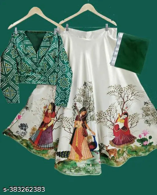 Digital print unstitched choli and stitched lehenga/dupatta set, taffeta silk & net on display. Semi-stitched floral design, long sleeves. 1 piece, sizes: 5-6 years (29in/27in), 6-7 years (29m/27m), 7-8 years (29in). Indian made
