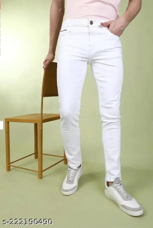 Monk white plain jeans, men's denim solid trousers for various occasions. Made by Shriradhe Enterprises, available in sizes 28, 30, and 32 (w-28/l-39/h-30, w-30/l-39/h-32, w-32/l-39/h-34) from India