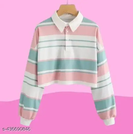 Korean multi-color striped Lycra long-sleeve polo t-shirt, pastel pink, blue, and white stripes, casual wear for men or women, cuffed sleeves, button-front closure