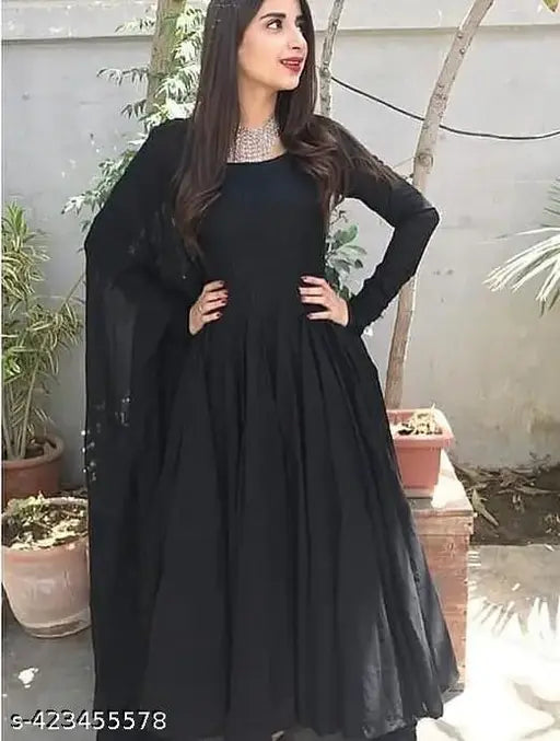 Elegant Solid Plain Black Dress Gown with Dupatta Set - Trendy Women's Fashion on Meesho || Solid Plain Black Dress Gown with Dupatta Set || new black dress || party wear black dress || black dress ||