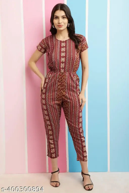 Printed rayon jumpsuit for women and girls, short sleeves, vibrant pattern on display
