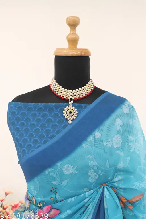 Digital print georgette saree with blouse piece, blue fabric and floral design