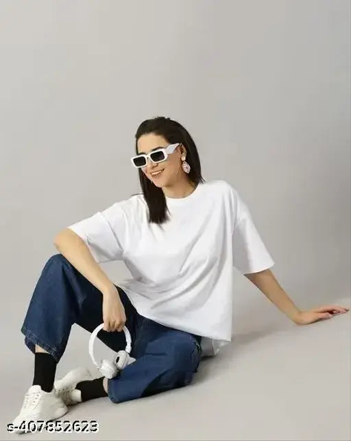 White cotton oversized T-shirt for women, beige color