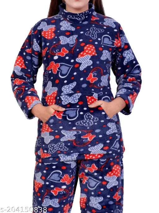 Night blue NACNO women's super soft woolen winter pajama set, floral design, long sleeves. Hand wash only, India origin." (124 characters)
