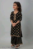 Rayon A-line kurta plazzo sets for girls aged 4-6 years, printed with gold motifs