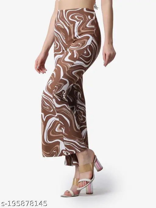 Brown poly blend printed trousers for women, versatile for work or formal events. Indian origin