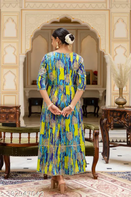 Designer embroidered rayon anarkali kurti, three-quarter sleeves, printed pattern, L (40in bust), XL (42in bust) - Indian ethnic wear for women