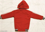 Red jacket with hood and white stripes on cuffs