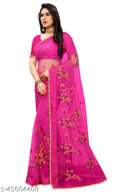 Pink net Patlani style saree with floral embroidery and separate art silk blouse piece, Indian festive wear