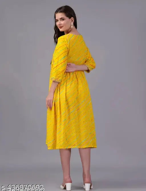 Yellow long kameez with horizontal stripes on a model