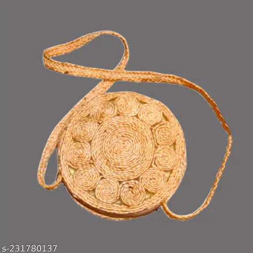 Beige jute handbag, stylish design, 10 inches diameter
