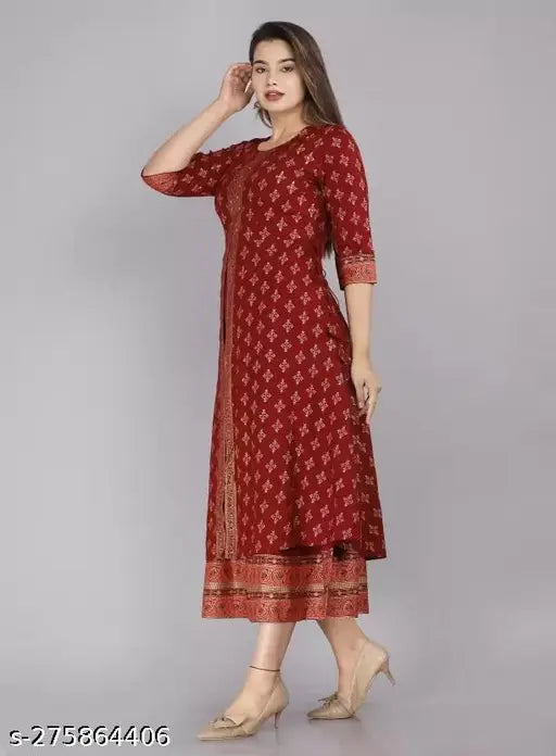 Rayon printed party wear gown Kurta, three-quarter sleeves, zari woven design - Women's Indian fashion