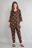 Beautiful printed rayon night suit for women and girls, featuring three-quarter sleeves and various sizes from S to 4XL. Made in India