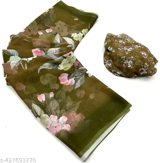 Green digital print scarf with floral pattern, long, lightweight, perfect for casual wear or as a fashionable accessory