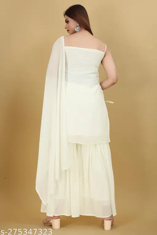 White embroidered partywear dupatta sharara suit