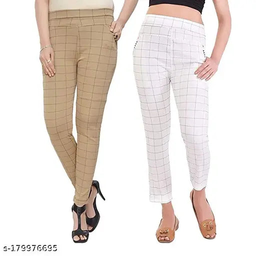 Multicolor checked Lycra pants for women & girls (Pack of 2), various sizes available from 24-34" waist and 35" length