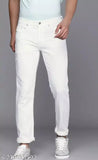 White polycotton solid jeans, comfortable & soft slim fit for men & boys in sizes 28, 30, 32. India-made stylish white denim pants on hanger
