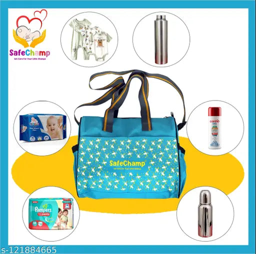 Sky blue diaper bag with multiple pockets, safe champ branding