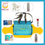 Sky blue diaper bag with multiple pockets, safe champ branding