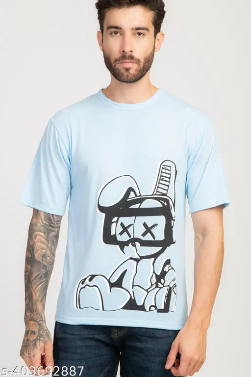 Stylish men's cotton blend round neck T-shirt with print typography, featuring drop shoulder design - India