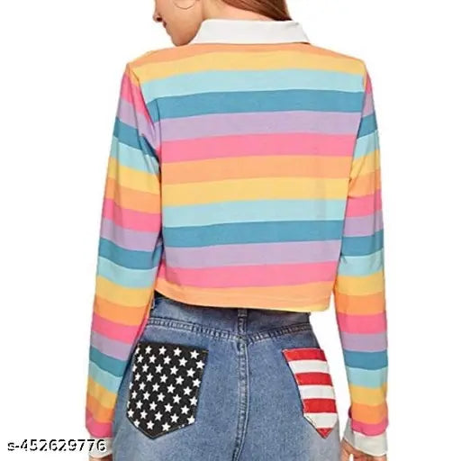 Medium rainbow striped long-sleeve crop top for teens, made of Lycra