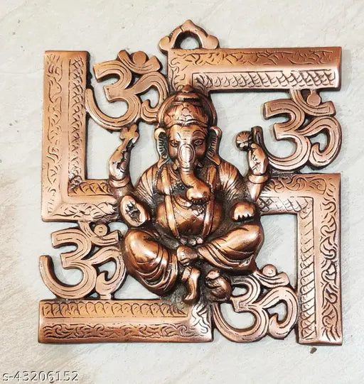 Copper Swastik Ganesha Om wall hanging (20cm), traditional Diwali decorative figurine, spiritual home decor, religious showpiece for positive Vastu impact