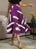 Purple and white brush print pleated midi skirt with vintage elastic waist, womens clothing