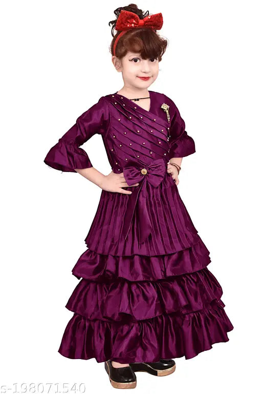 Purple velvet party dress with ruffles and red bow