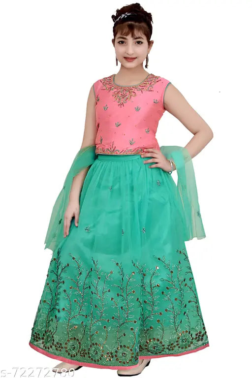 Royal blue ethnic embroidered lehenga-choli & dupatta set for girls, featuring satin lehenga and net dupatta, perfect for parties or weddings