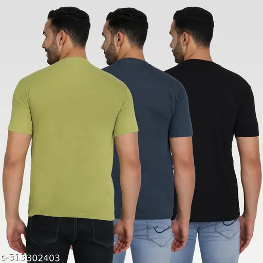 Green cotton blend men's typography round-neck t-shirt pack 3, perfect for casual or formal wear, India origin
