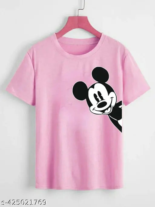 Mickymouse printed cotton blend short sleeve round neck T-shirt for women and girls, ideal for year-round casual wear and holiday fashion trend