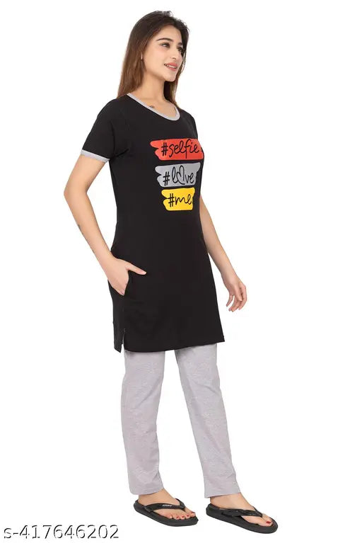 Pure cotton printed HUSAN Women's payjama set, perfect for work-from-home lounge wear. Round neck half sleeve top and pyjamas in matching design. Indian origin