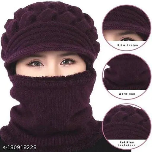Soft wool and fur winter beanie cap with neck warmer, perfect for chilly weather and stylish look. Made in India
