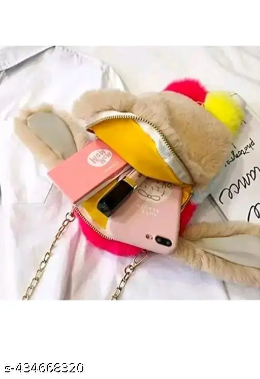 A cute sling bag with pink straps, white fur trim and a small charm. Inside is a red tag