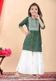Girls Bandhani Kurta and Palazzo set, printed rayon with embroidery work. A-line top and sharara bottoms for sizes 5-12 years old, made in India