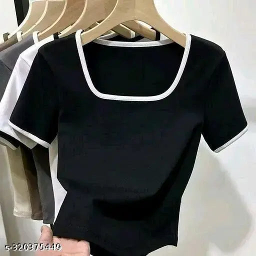 Cotton blend solid tunics for women, short-sleeved crop tops in trendy styles. Comfortable, ribbed, and soft fabric, available in S, M, L, XL sizes from India