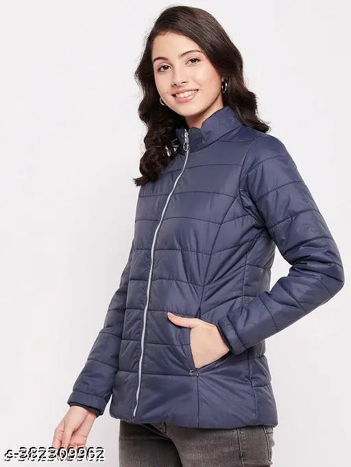 Polyester puffer jacket for women in solid colors: black, white, maroon, grey, navy - stylish full sleeves winter wear
