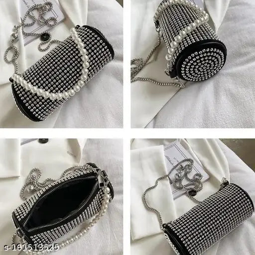 Black and white pearl chain purse with a shoulder strap, multiple card slots, and a rhinestone embellished armpit design