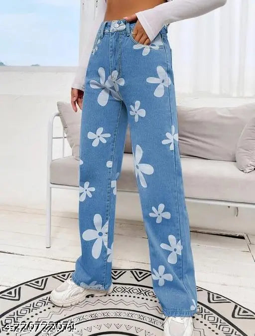 Flower print light blue wide leg denim jeans