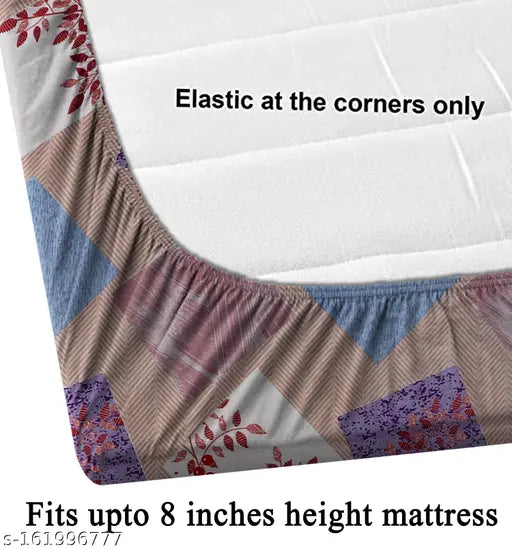 Double glace cotton bedsheet & pillow covers, 72x78 inches, botanical print, elastic fitted, ideal for summer, machine washable
