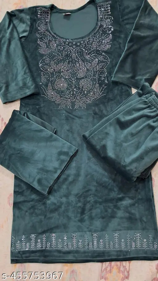 Velvet winter kurta palazzo set for women, super soft velvet with embellished net detail