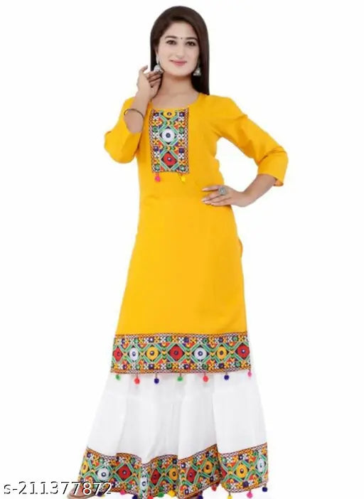 Yellow rayon embroidered pattern kurti and skirt set