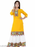 Yellow rayon embroidered pattern kurti and skirt set