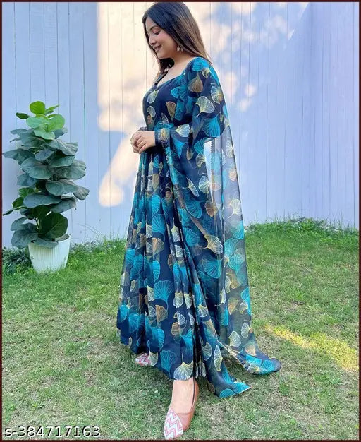 Georgette printed net short-sleeve women's gown, classy sensational style, S-XXXL