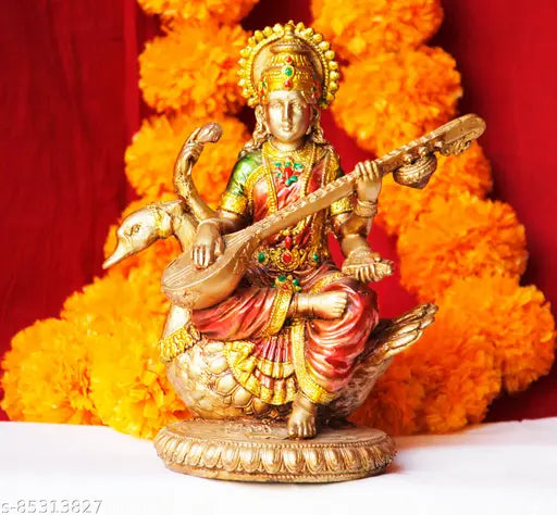 Handcrafted Saraswati statue playing sitar, traditional Indian home decor
