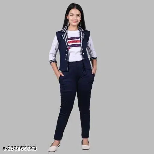 Cotton blend three-piece dress set for girls: 8-9 years printed dress, 9-10 years casual, 10-11 fancy, 11-12 partywear, 12-13 koti. Trendy, latest fashion wear with white t-shirt and navy koti & pants. Indian origin