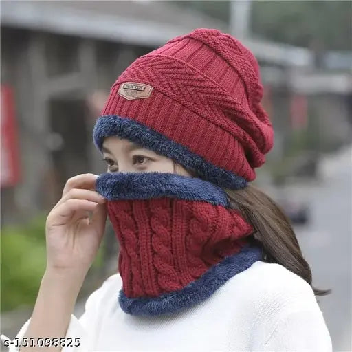 Wool cap and scarf set, neck warmer style