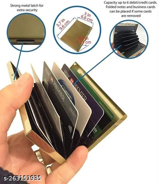 Black metal Sonrisa RFID-protected debit/credit card holder, water-resistant and gold-toned, with space for 6 cards. Solid design for business use